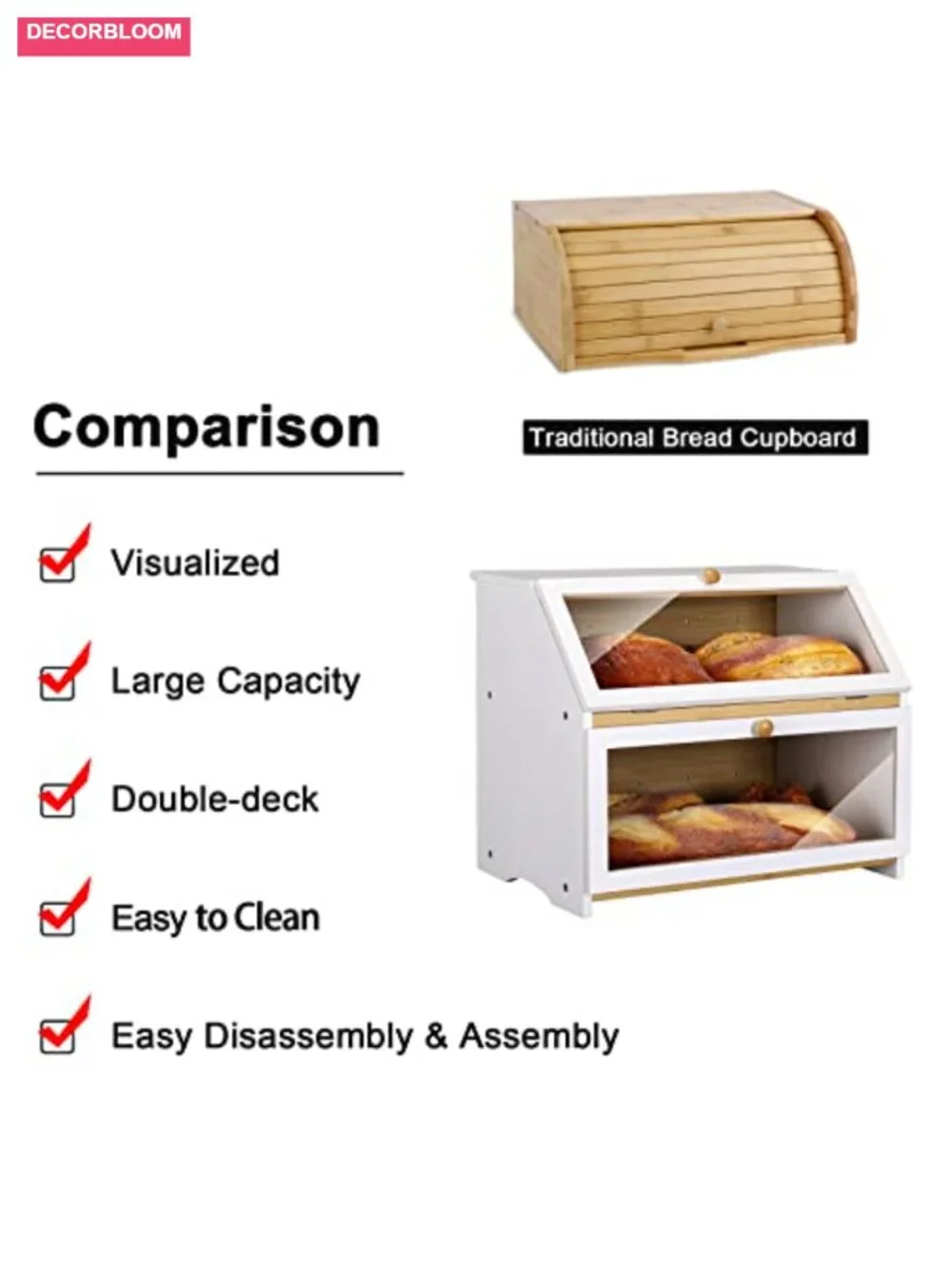 Double Layer Bamboo Bread Box with Clear Window